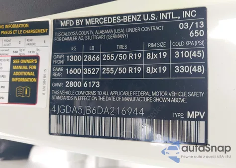 2013 Mercedes-Benz Ml 350 z USA, uszkodzony, nr VIN 4JGDA5JB6DA216944